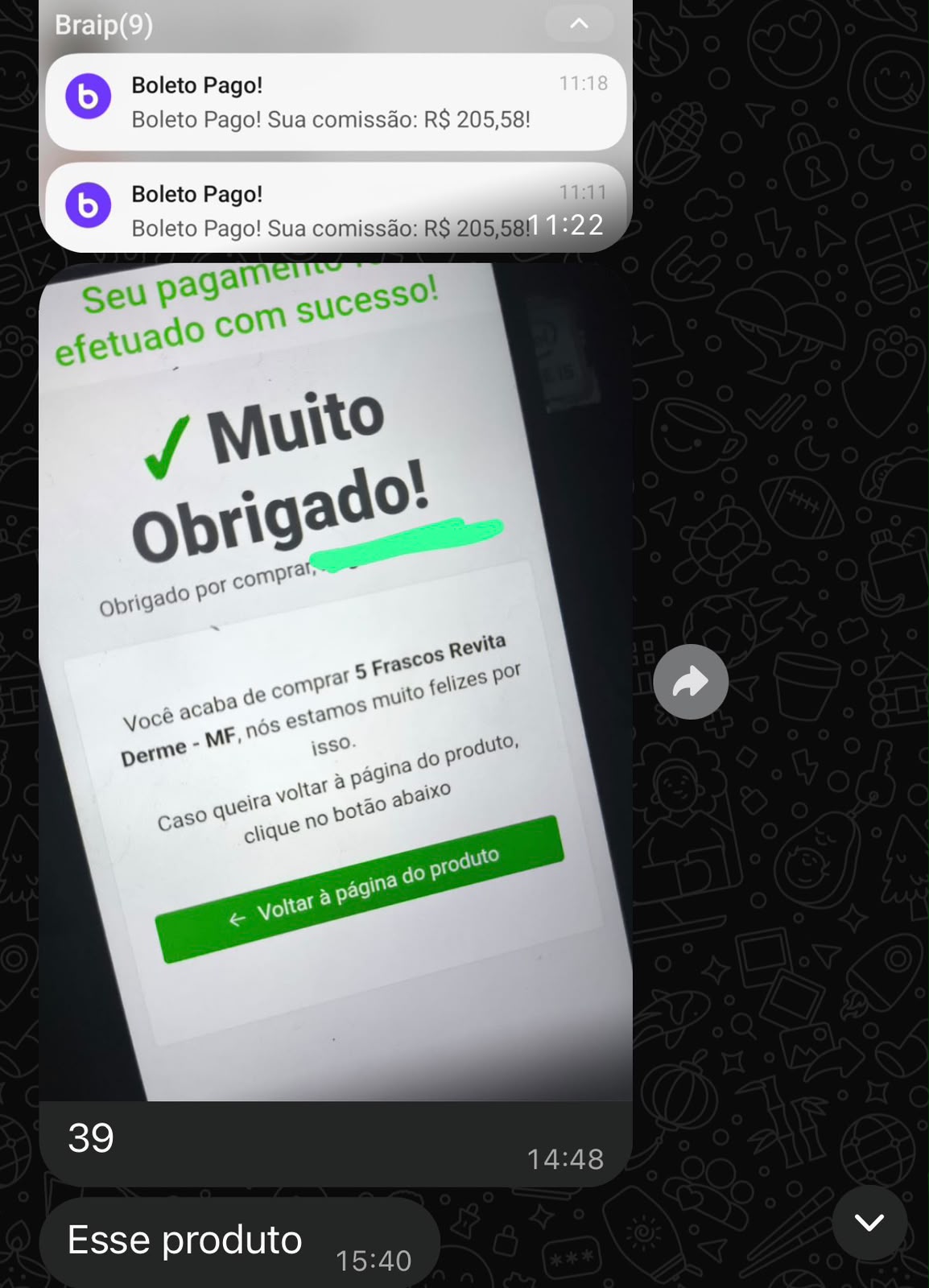 Notificações da Braip de dois boletos pagos com comissão de R$ 205,58 cada e página de compra confirmada