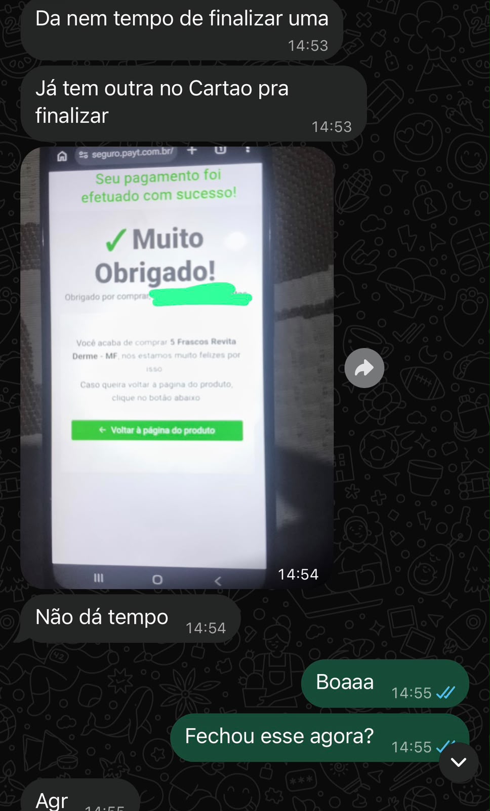 Conversa de afiliado mostrando pagamento confirmado na Payt de 5 frascos