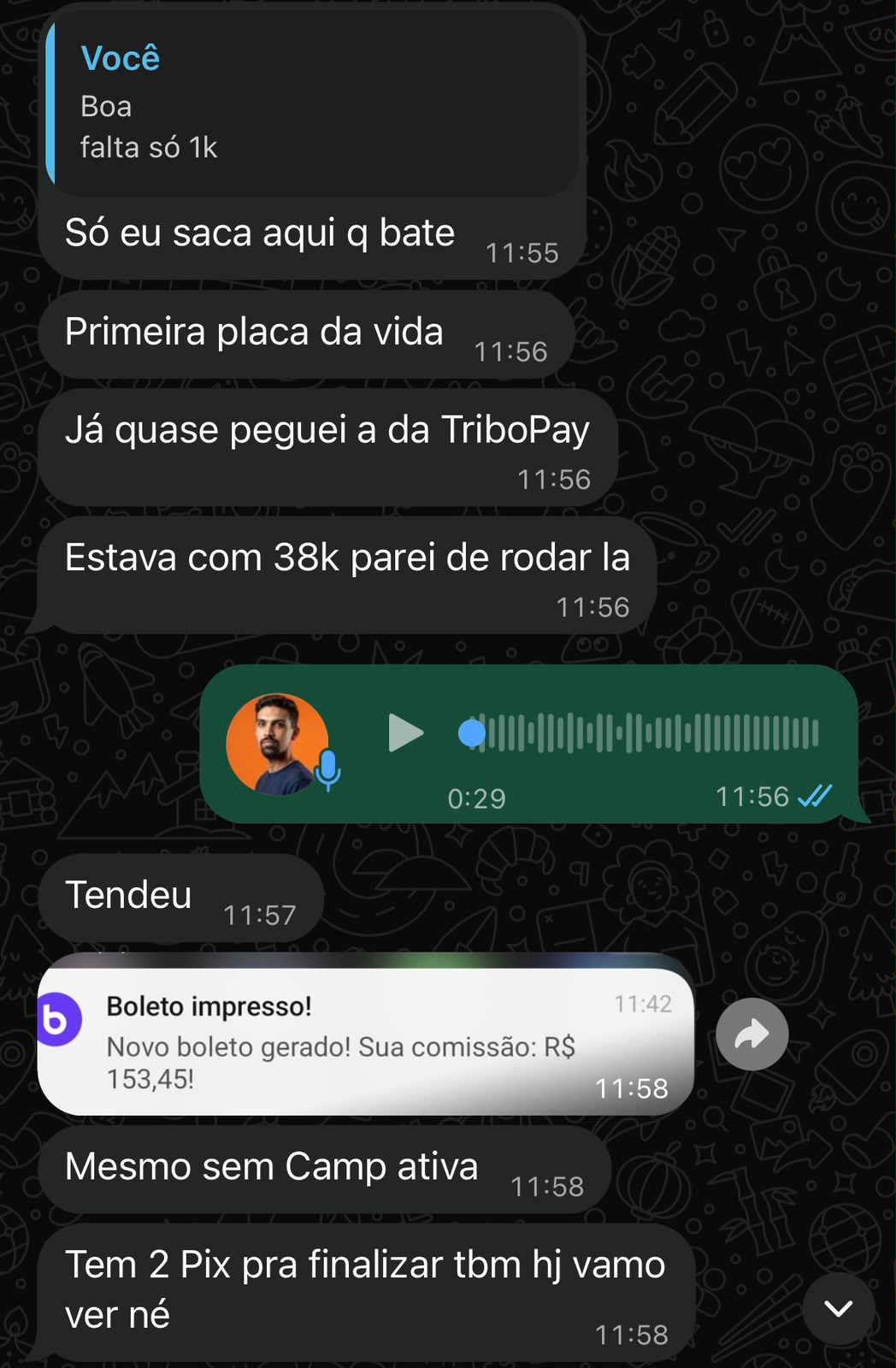Conversa de afiliado comemorando a primeira placa da vida e nova comissão de R$ 153,45