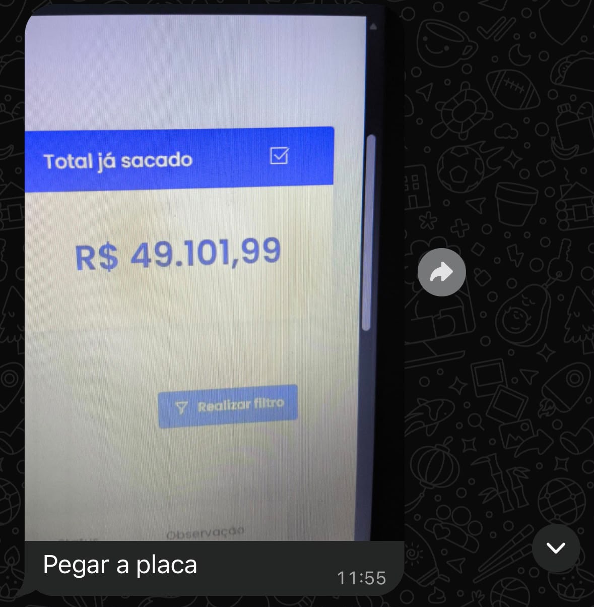 Print de afiliado com R$ 49.101,99 já sacados e a mensagem pegar a placa
