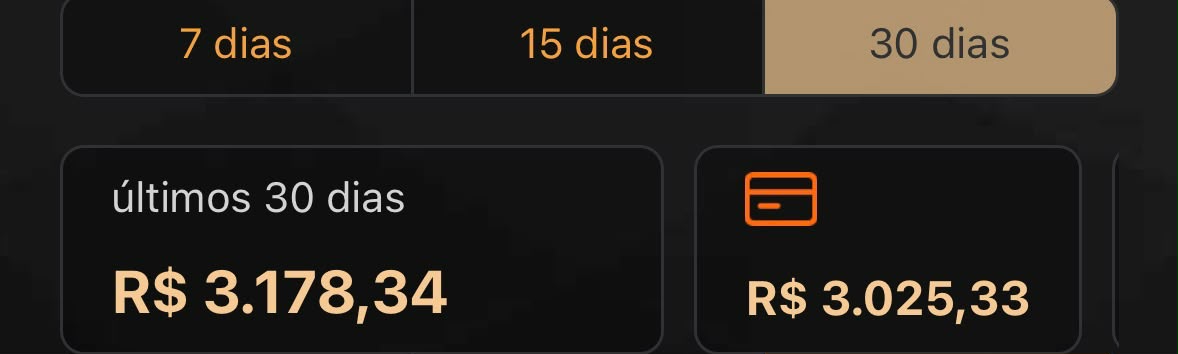 Painel de outra plataforma mostrando R$ 3.178,34 nos últimos 30 dias